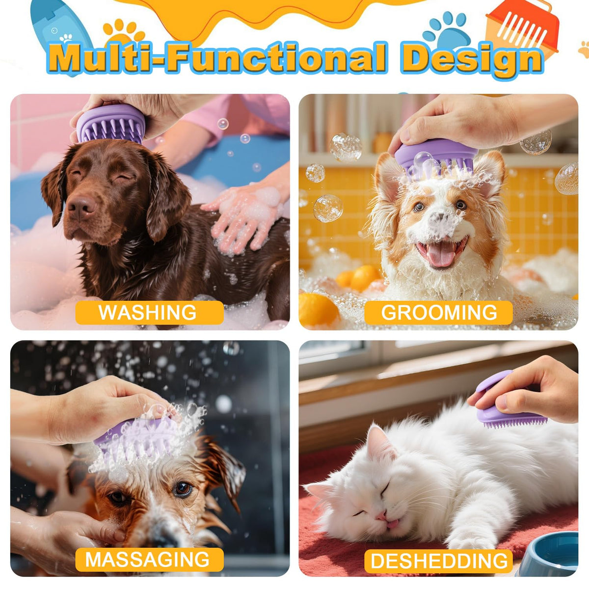 2-in-1 Dog Bath Brush for Grooming & Massage - Pet Silicone Brush for Long & Short Haired Dogs and Cats, Dog Scrubber for Bath, Rubber Curry Brush, Use Wet as Bath Brush or Dry for Grooming-Purple