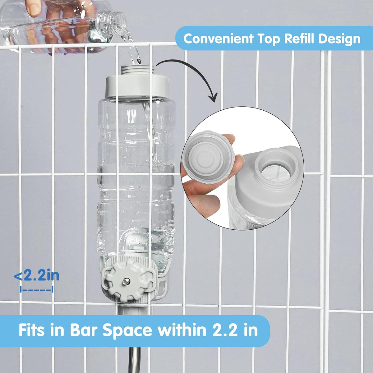 Vannon Water Bottle for Small Animals, 34oz Top-Fill Pet Dispenser, Grey