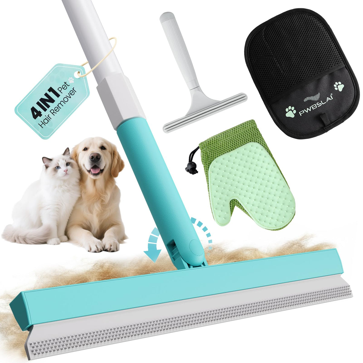 Carpet Rake for Pet Hair Removal Tool - 4 in 1 Pet Hair Remover Kit for Dog Cat Fur Remover, Contain 60" Adjustable Rubber Broom, Glove, Magic Brush and Scraper for Furniture,Short Pile Carpets, Mats