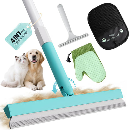 Carpet Rake for Pet Hair Removal Tool - 4 in 1 Pet Hair Remover Kit for Dog Cat Fur Remover, Contain 60" Adjustable Rubber Broom, Glove, Magic Brush and Scraper for Furniture,Short Pile Carpets, Mats