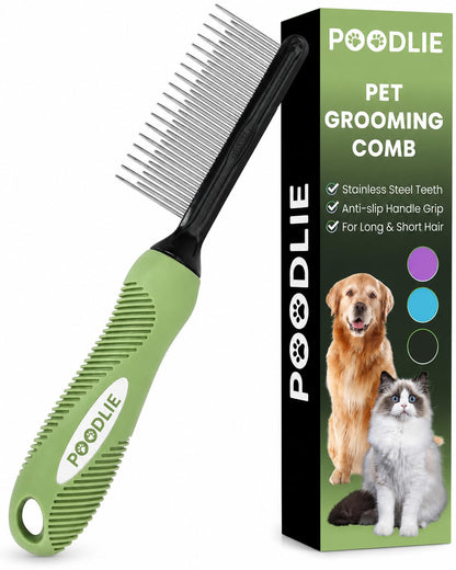 Poodle Pet Detangling Pet Comb with Long & Short Stainless Steel Teeth for Removing Matted Fur, Knots & Tangles – Detangler Tool Accessories for Safe & Gentle DIY Dog & Cat Grooming