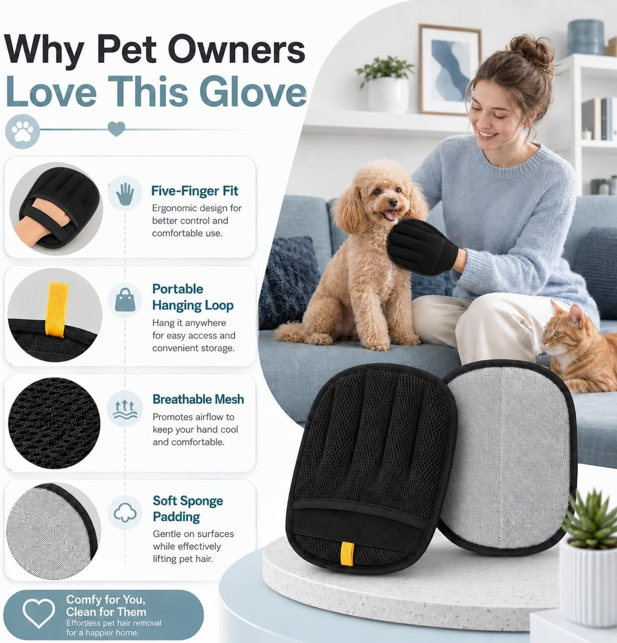 Pet Hair Remover Glove for Couch,Clothes, Furniture Carpet