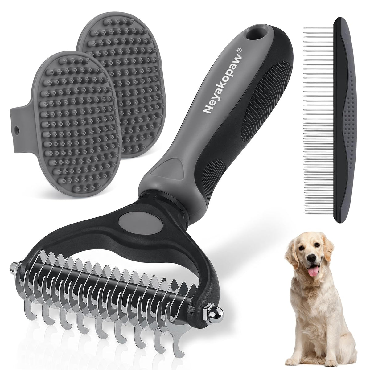 Dog Grooming Rake 4-in-1 Kit - Deshedding Undercoat Rake, Dematting Comb & Bath Massager for Dogs & Cats - Reduces Shedding up to 95% - Rounded Teeth for Sensitive Skin, Long & Short Hair