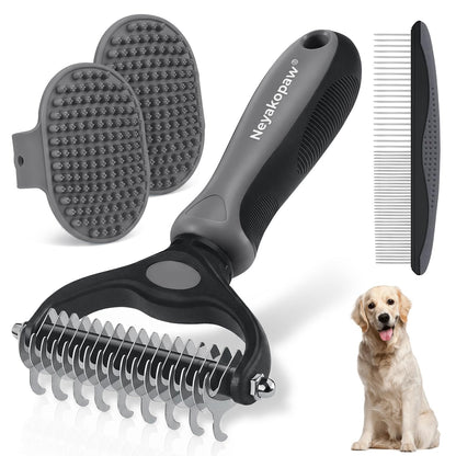 Dog Grooming Rake 4-in-1 Kit - Deshedding Undercoat Rake, Dematting Comb & Bath Massager for Dogs & Cats - Reduces Shedding up to 95% - Rounded Teeth for Sensitive Skin, Long & Short Hair