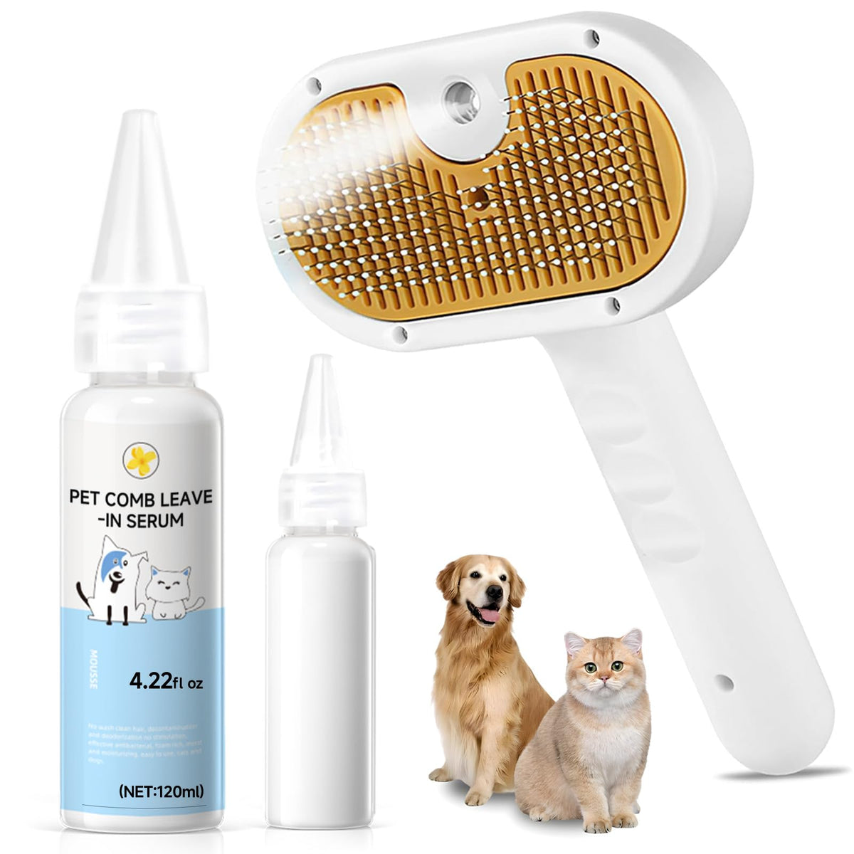 Pet Steam Brush for Dog & Cat – shower bath brush – Steam for Shedding & Grooming Water Brush for Long & Short Haired Pets Spritz Defur Comb 3-in-1 Spray Hair Removal Comb Includes 1*Waterless Shampoo