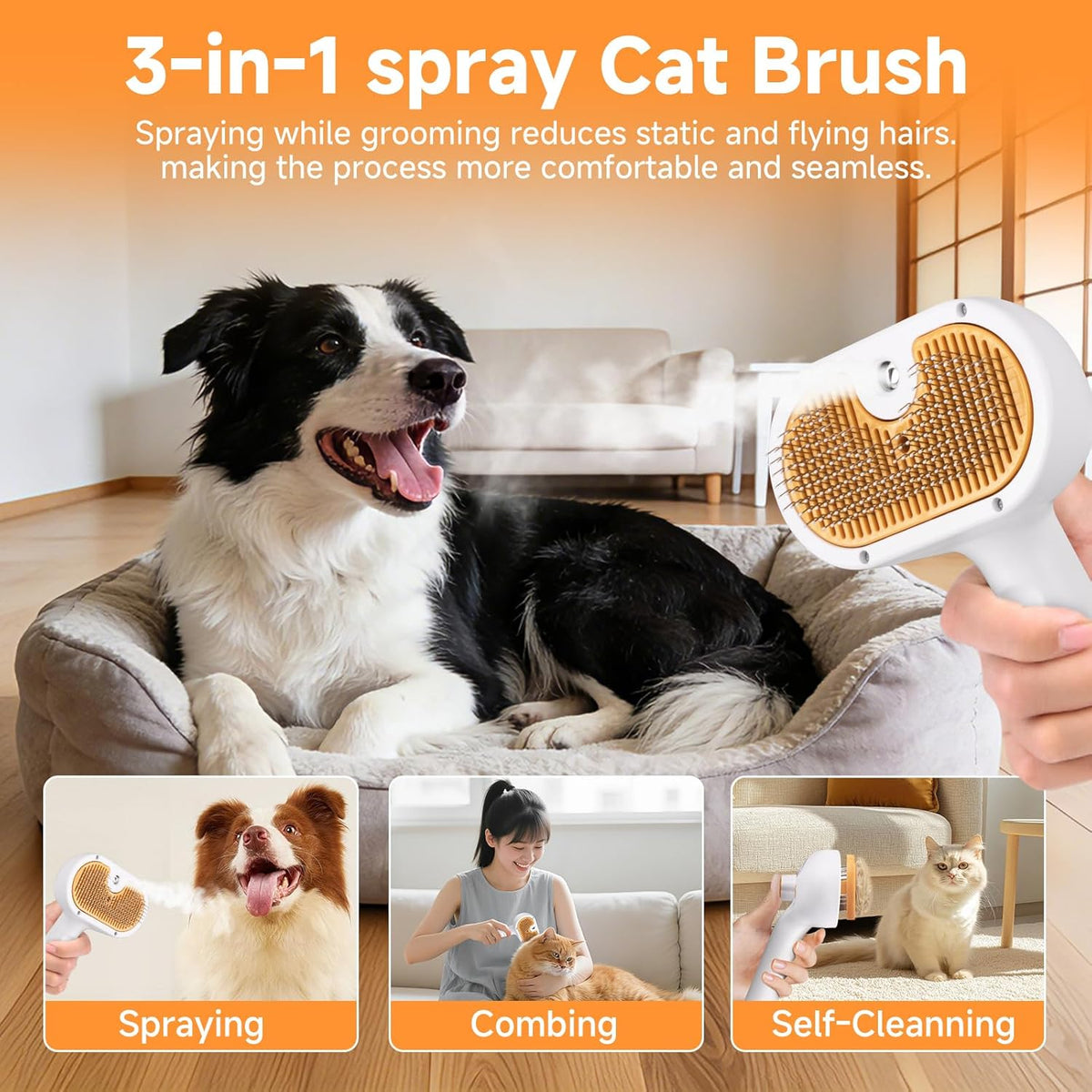 Pet Steam Brush for Dog & Cat – shower bath brush – Steam for Shedding & Grooming Water Brush for Long & Short Haired Pets Spritz Defur Comb 3-in-1 Spray Hair Removal Comb Includes 1*Waterless Shampoo