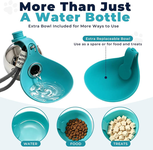 2 in 1 Portable Dog Water Bottle with Silicone Bowl, 10oz Stainless Steel