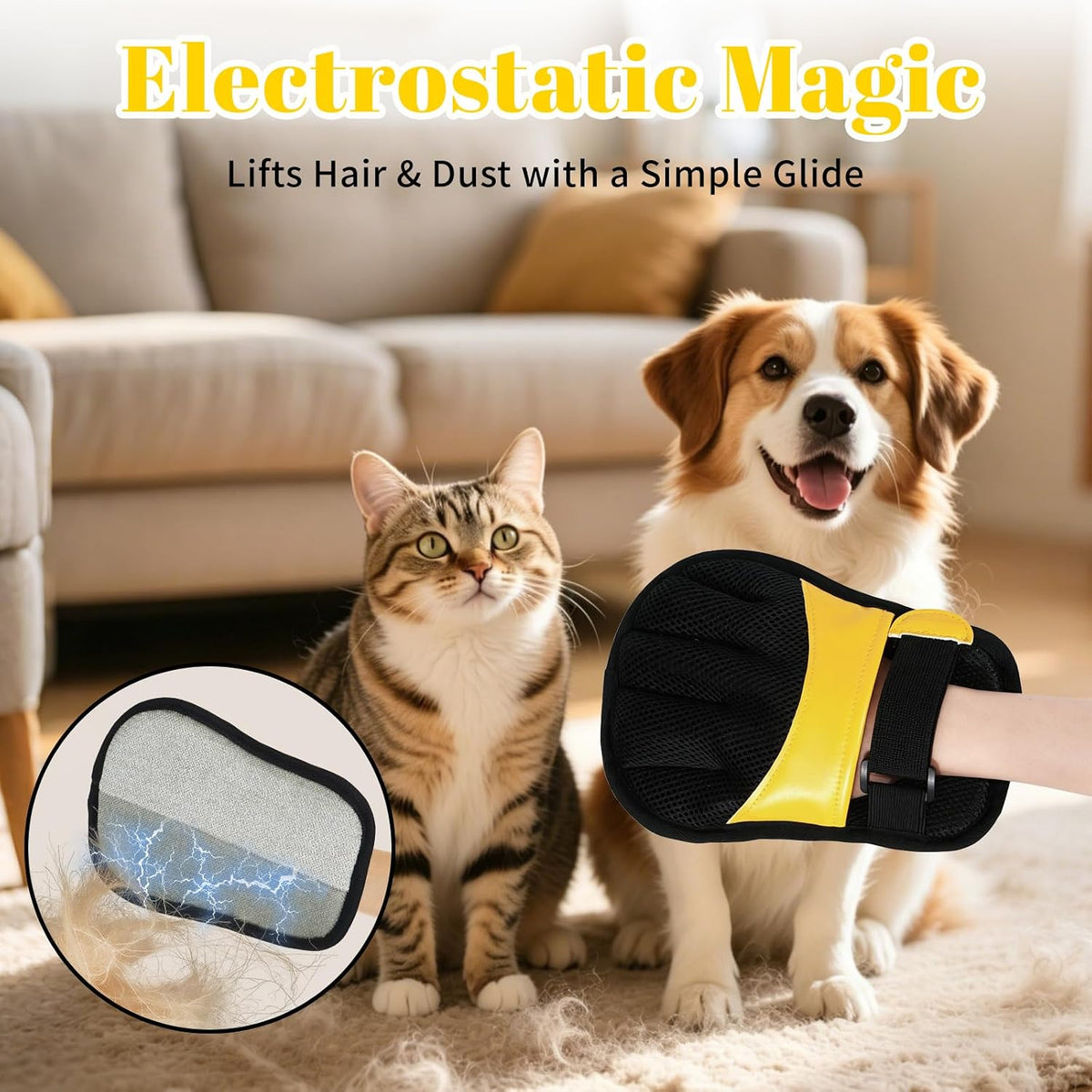 Pet Hair Remover Gloves Yellow Gold Static Hair Remover Reusable for Clothing, Sofa, Car Seat