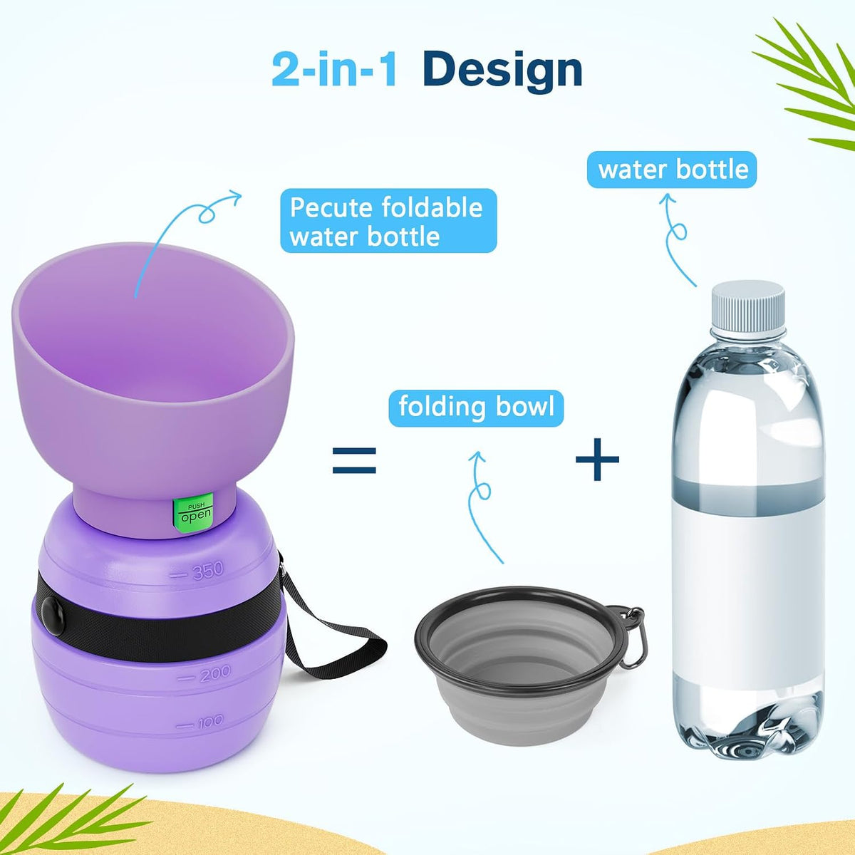 Pecute Portable Dog Water Bottle, 2 in 1 Cat Dog Travel Water Bottle Bowl Leakproof with Double Seal, BPA Free, Lightweight, Pet Small Animal Water Bottel Dispenser for Outdoor Walking Hiking Travels