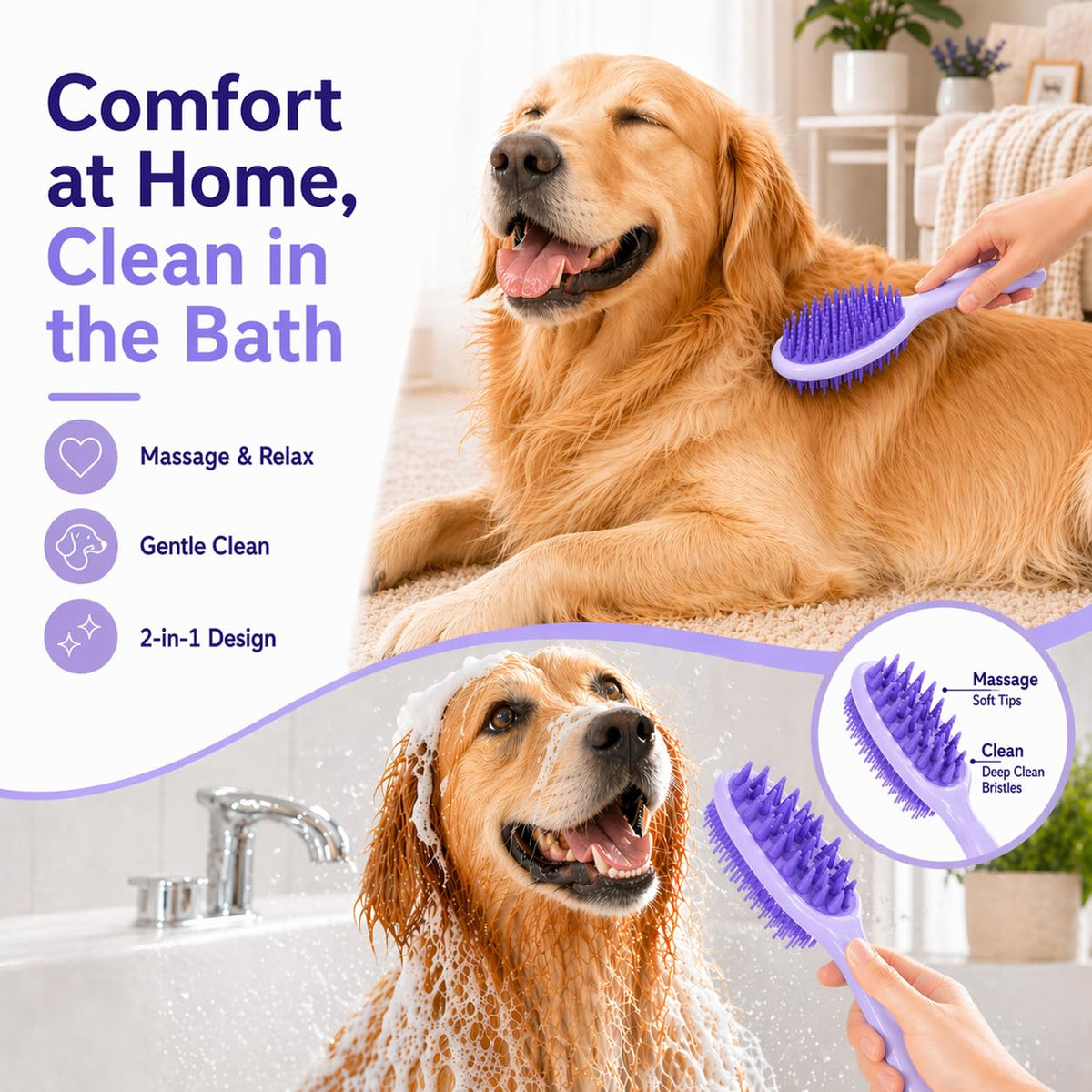 Dog Brush for Shedding, Long Handle Silicone Dog Bath Brush for Dogs and Cats, Dog Shampoo Brush and Scrubber for Bath, Pet Grooming Brush for Wet Dry Massage and Deshedding