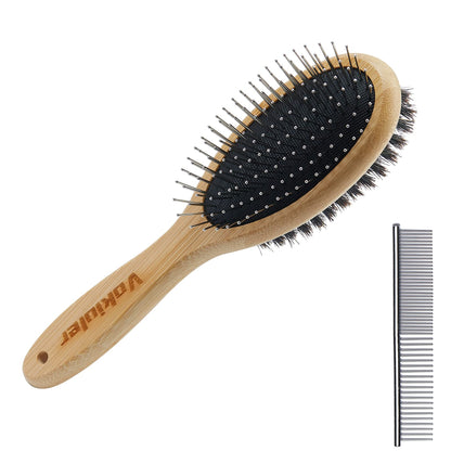 Dog Brush Cat Brush, Vokiuler Double Sided Bristle and Pin Pet Brush for Dog Grooming, Real Boar Bristle Shedding Brush with Bamboo Handle for Long Short Hair, 2 Pack Dog Comb, White