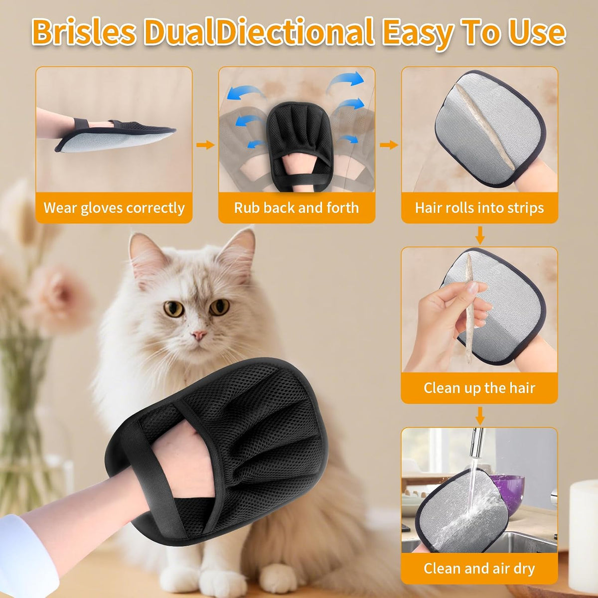 Pet Hair Removal Glove, Five‑Finger Fixed Static Pet Grooming Mitt, Breathable Mesh Back Deshedding Glove, Washable Reusable Fur Remover Tool for Dogs and Cats