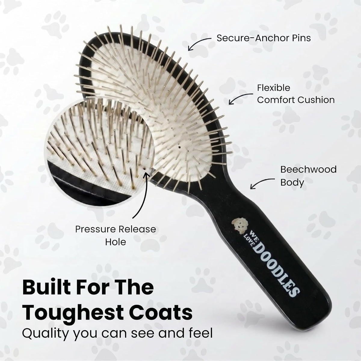Pin Brush for Dogs, Removes Loose Fur, Lightweight Beech Wood, Silver