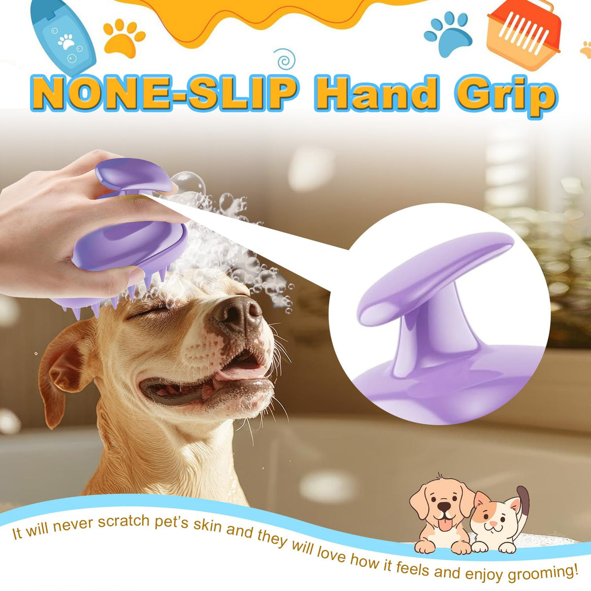2-in-1 Dog Bath Brush for Grooming & Massage - Pet Silicone Brush for Long & Short Haired Dogs and Cats, Dog Scrubber for Bath, Rubber Curry Brush, Use Wet as Bath Brush or Dry for Grooming-Purple