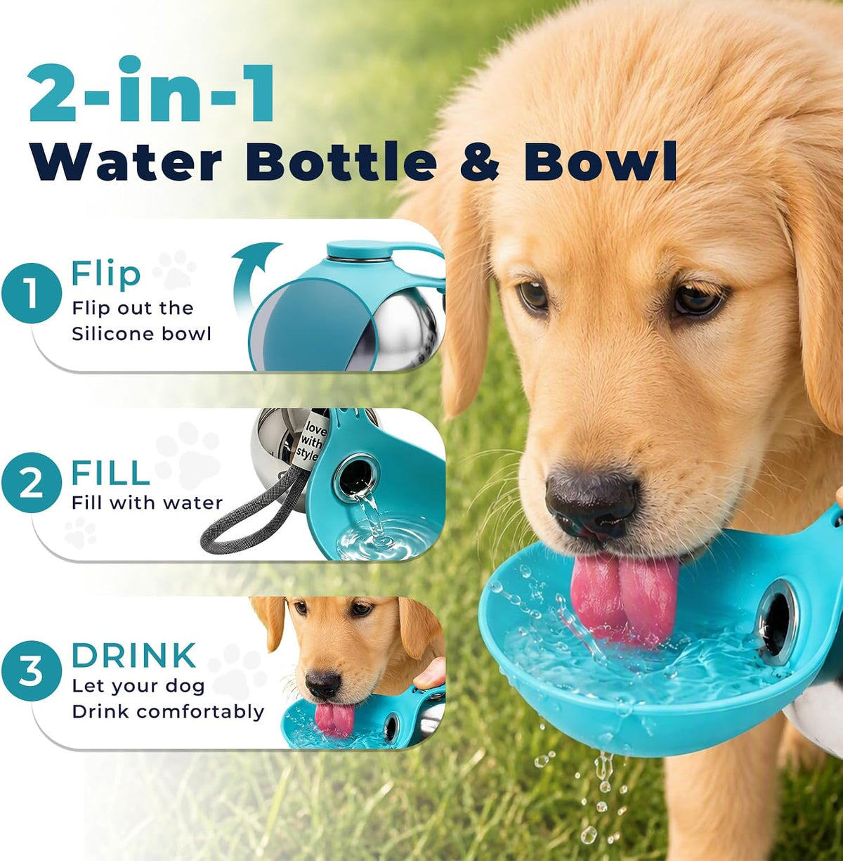2 in 1 Portable Dog Water Bottle with Silicone Bowl, 10oz Stainless Steel