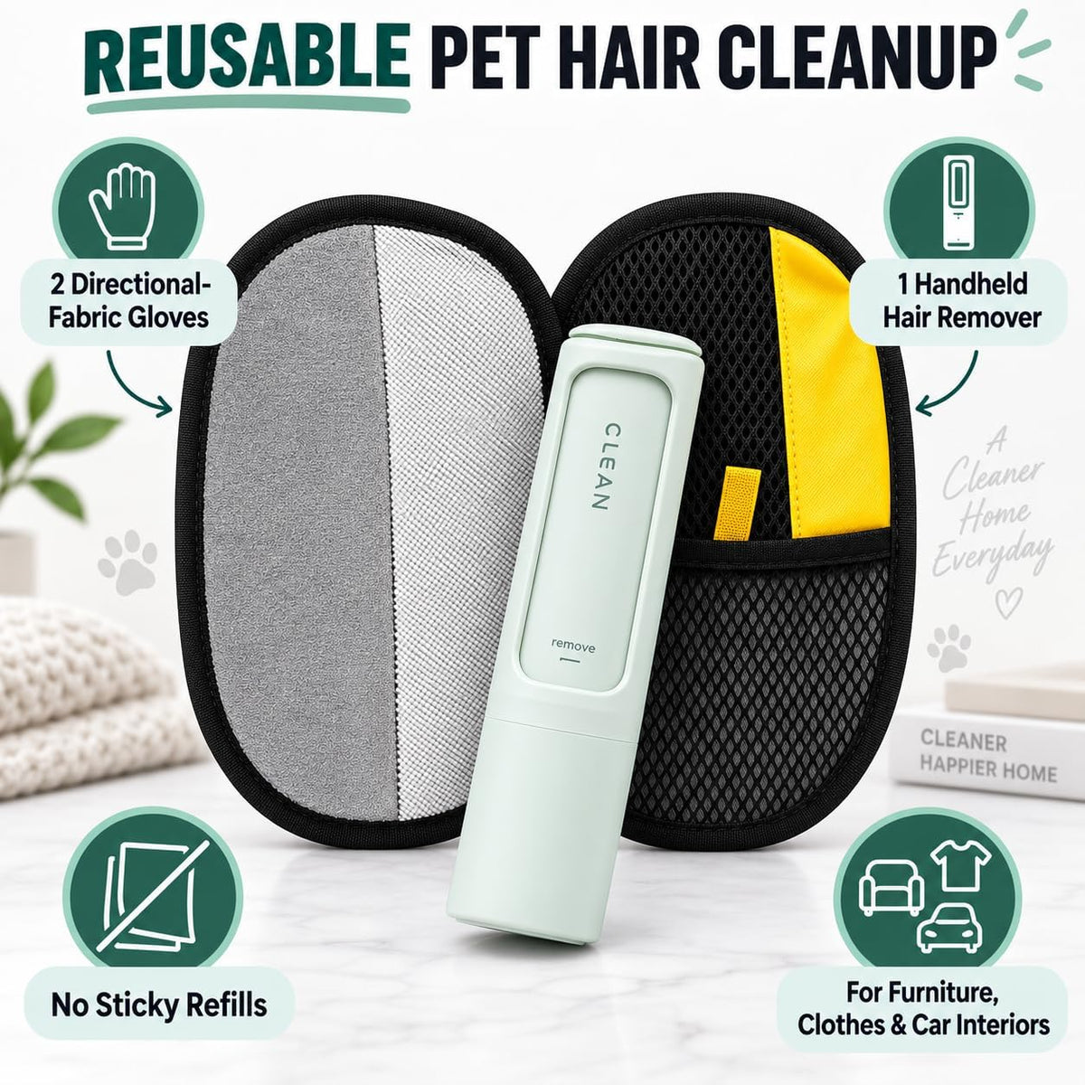 Jaxabby 3-Piece Pet Hair Remover Kit for Couch, Car & Clothes, (Blue)