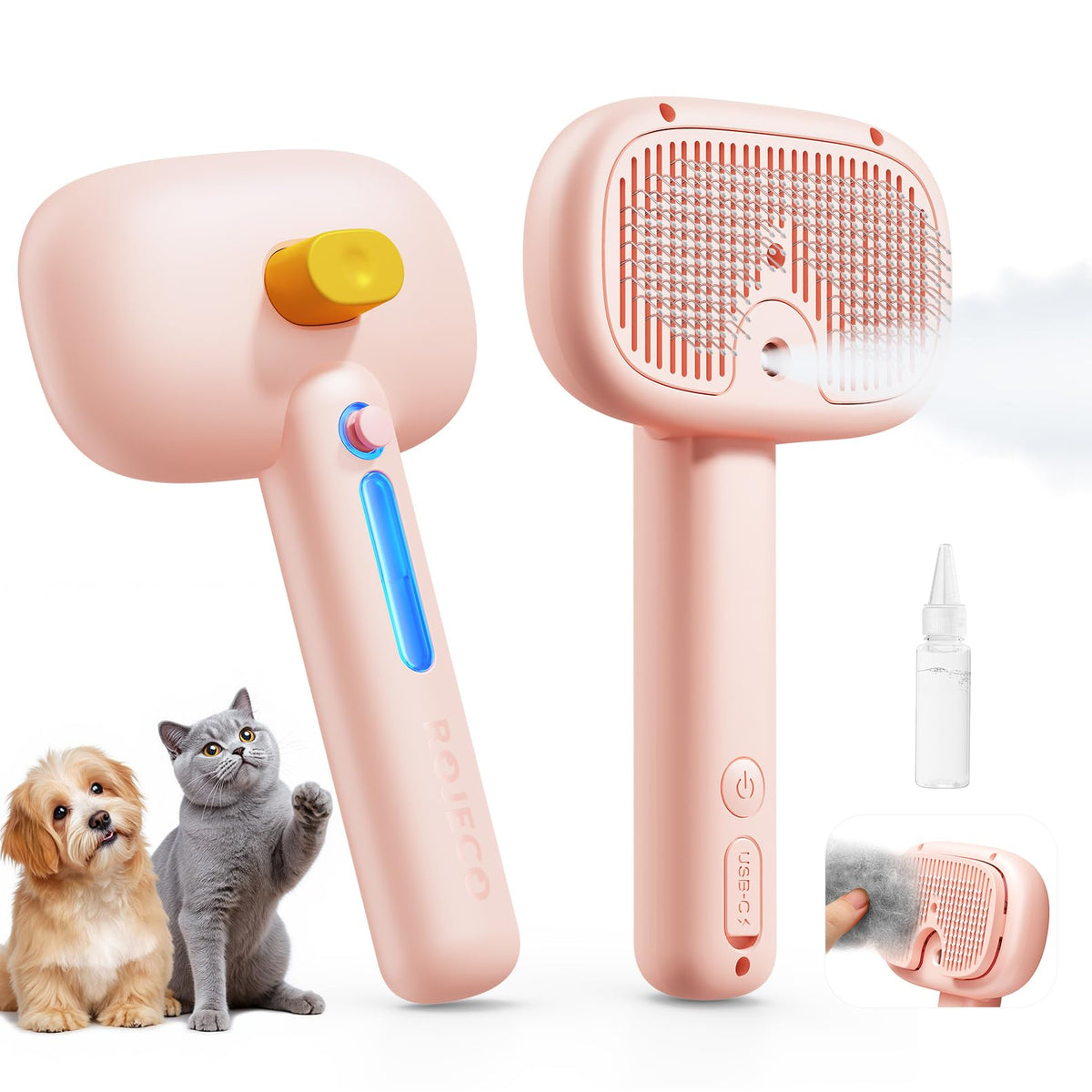 ROJECO 3-in-1 Pet Steam Brush,Spray Hair Removal Detangling Comb