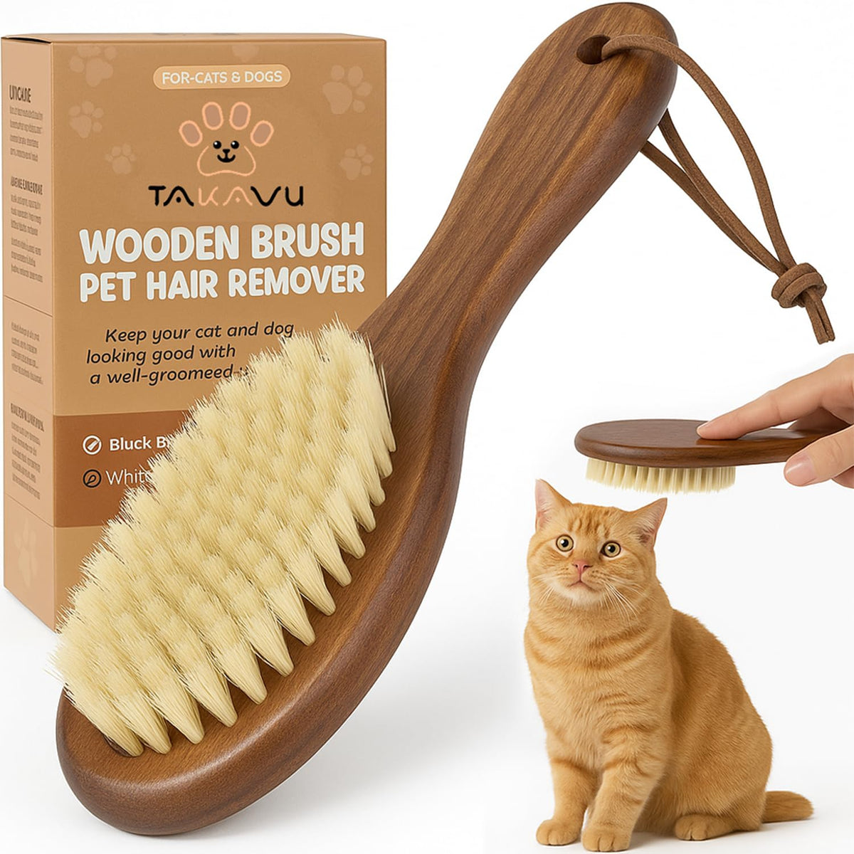 TAKAVU Soft Cat Brush, Natural Boar Bristle for Indoor Kittens