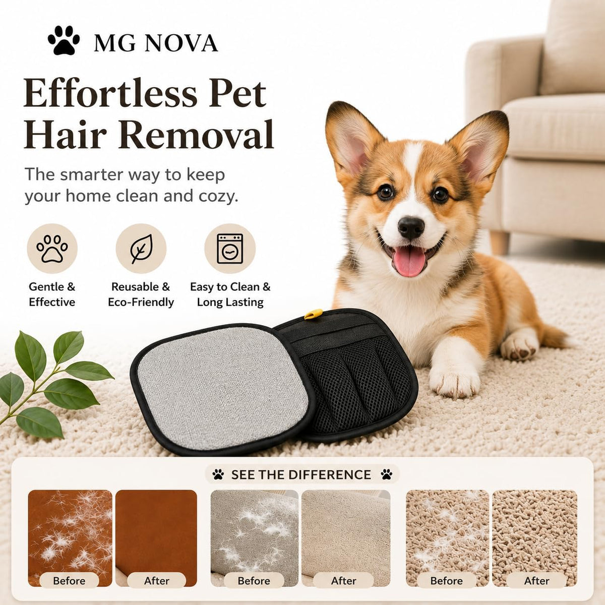 Pet Hair Remover Gloves (2 Pack) for Furniture & Clothes - Reusable Lint Cleaning Mitt for Dog & Cat Hair - Sofa, Car, Couch & Home - Easy to Use & Wash