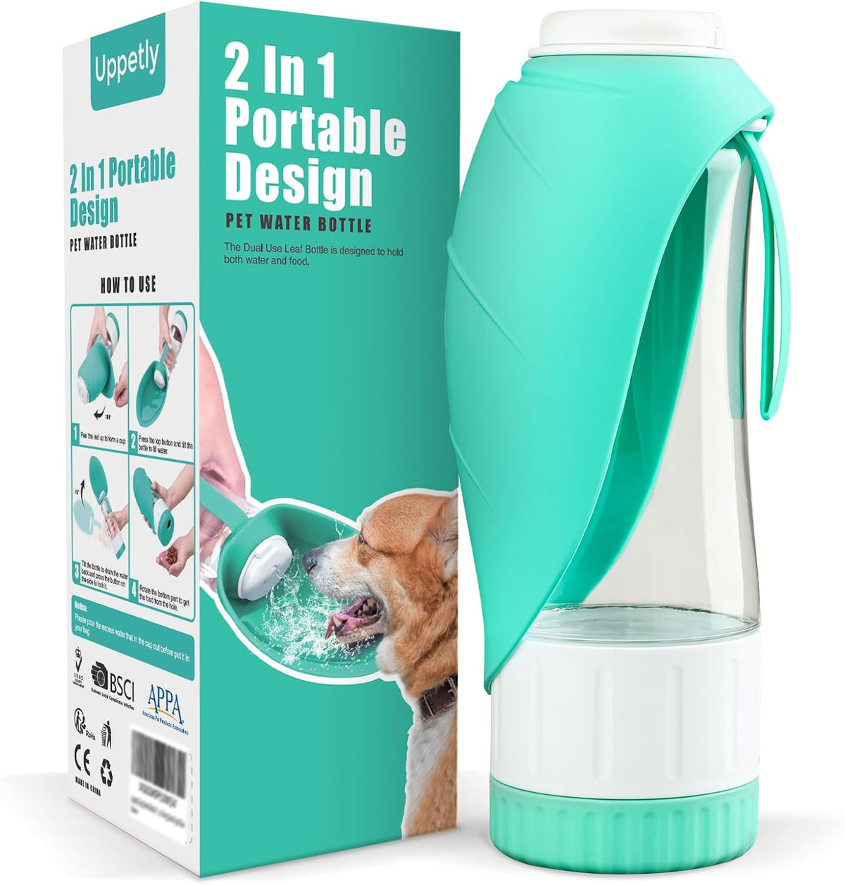 Uppetly Dog Water Bottle, Pet Water Bottle with Food Container and Drinking Feeder, Leak Proof, BPA-Free, Portable Foldable Puppy Water Cup Dispenser for Outdoor Walking, Travel, Large Green