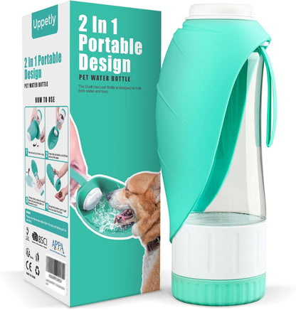 Uppetly Dog Water Bottle, Pet Water Bottle with Food Container and Drinking Feeder, Leak Proof, BPA-Free, Portable Foldable Puppy Water Cup Dispenser for Outdoor Walking, Travel, Large Green