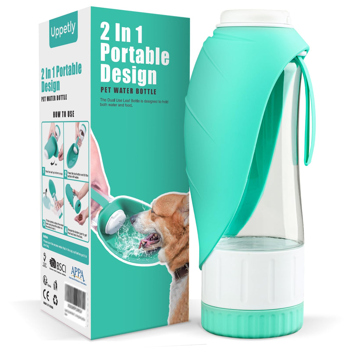 Uppetly Dog Water Bottle, Pet Water Bottle with Food Container and Drinking Feeder, Leak Proof, BPA-Free, Portable Foldable Puppy Water Cup Dispenser for Outdoor Walking, Travel, Large Green