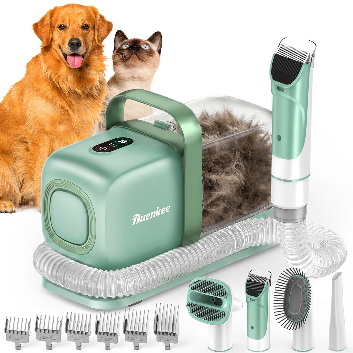Buenkee Dog Grooming Vacuum Kit, 15000Pa Clipper, Shedding Brush, 2L, White