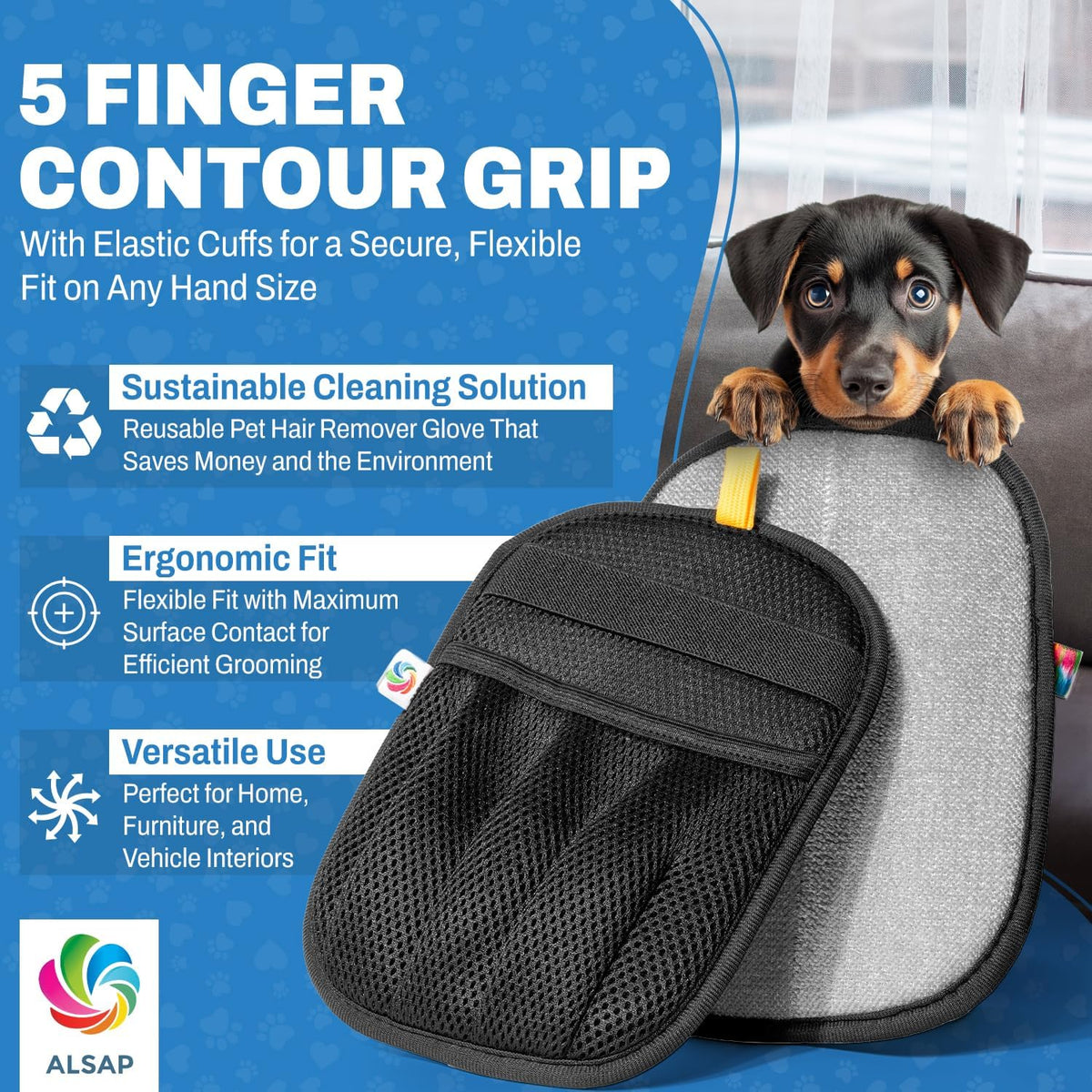 Pet Hair Removal Gloves for Dogs & Cats | Electrostatic Reusable Fur Remover Mitt for Furniture, Carpet & Clothes, Couch Car| Pet Fur Cleaning Tool with Carpet Scraper (Black - 1 Pc)