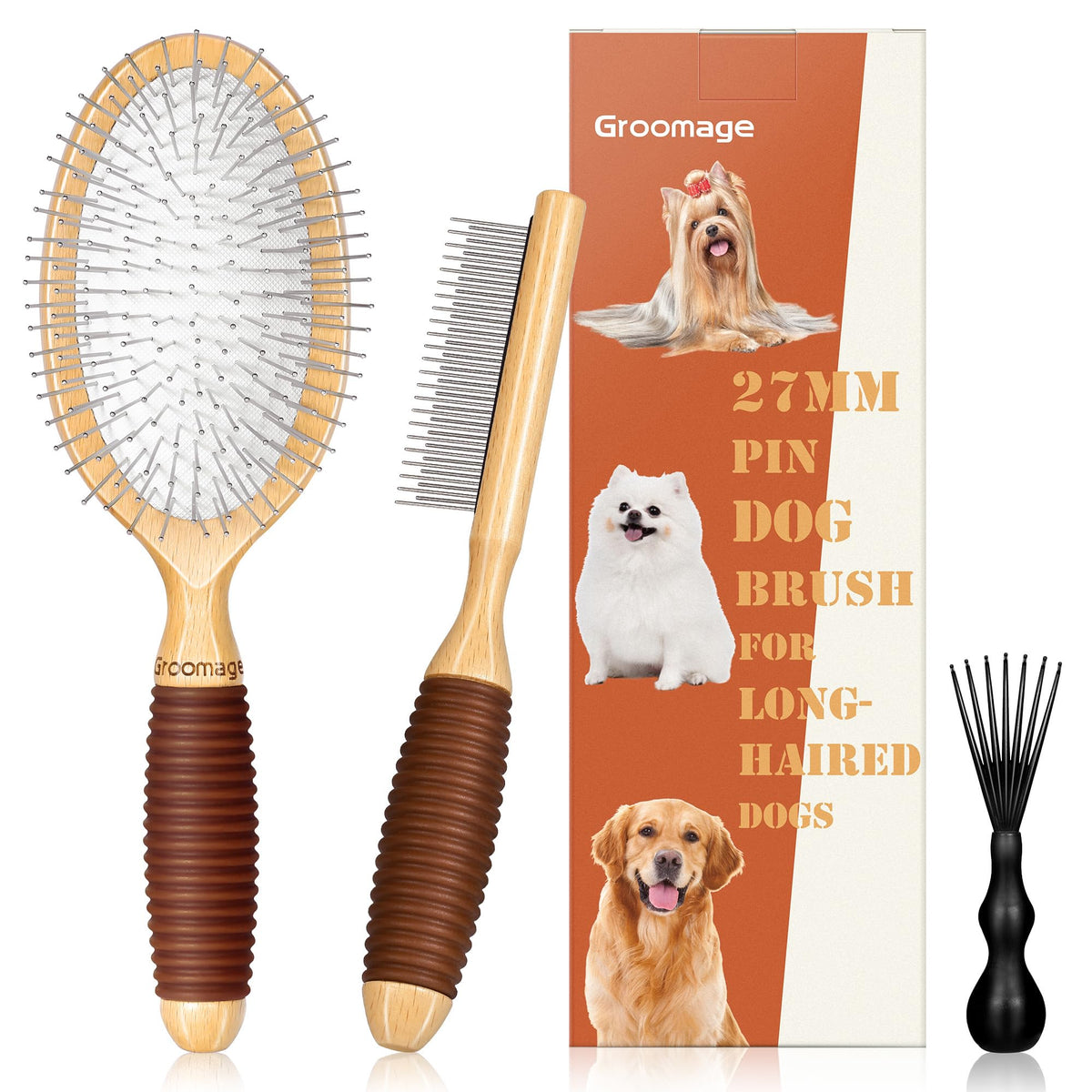 Dog Brush for Long Haired Dogs, 27mm Extra Long Pin Brush for Grooming, Shedding - Beech Wood Material, Non-Slip Rubber Handle, Round-Tipped Pins