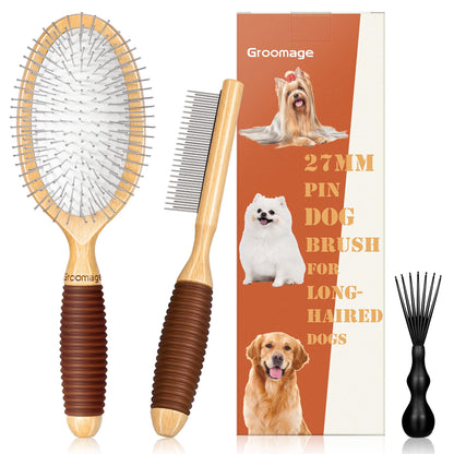 Dog Brush for Long Haired Dogs, 27mm Extra Long Pin Brush for Grooming, Shedding - Beech Wood Material, Non-Slip Rubber Handle, Round-Tipped Pins