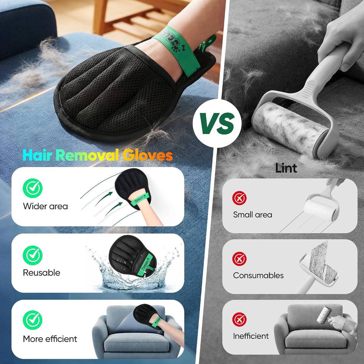 Pet Hair Removal Glove Cat & Dog, Electrostatic Reusable Hair Remover Tool