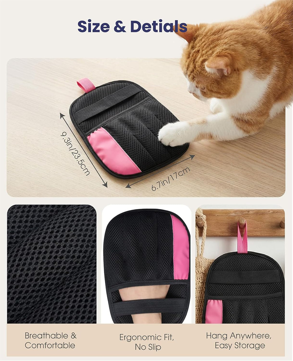 Rivalran Pet Hair Remover Glove for Dog & Cat, Reusable Electrostatic Magic Brush, Five-Finger Hair Removal Mitt for Cleaning Clothing, Bed, Couch, Carpet, and Car Seat Pink