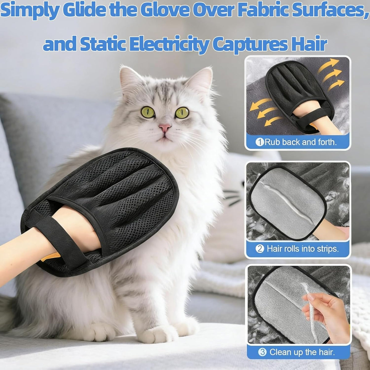 3pcs Large Pet Hair Removal Gloves for Cats | Electrostatic Magic Brush for Clothes, Beds, Sofa, Carpets | Fur Hero | Thickened Newly Upgraded | Fur Remover Mitt for Dogs, 2 Gloves + 1 Lint Scraper