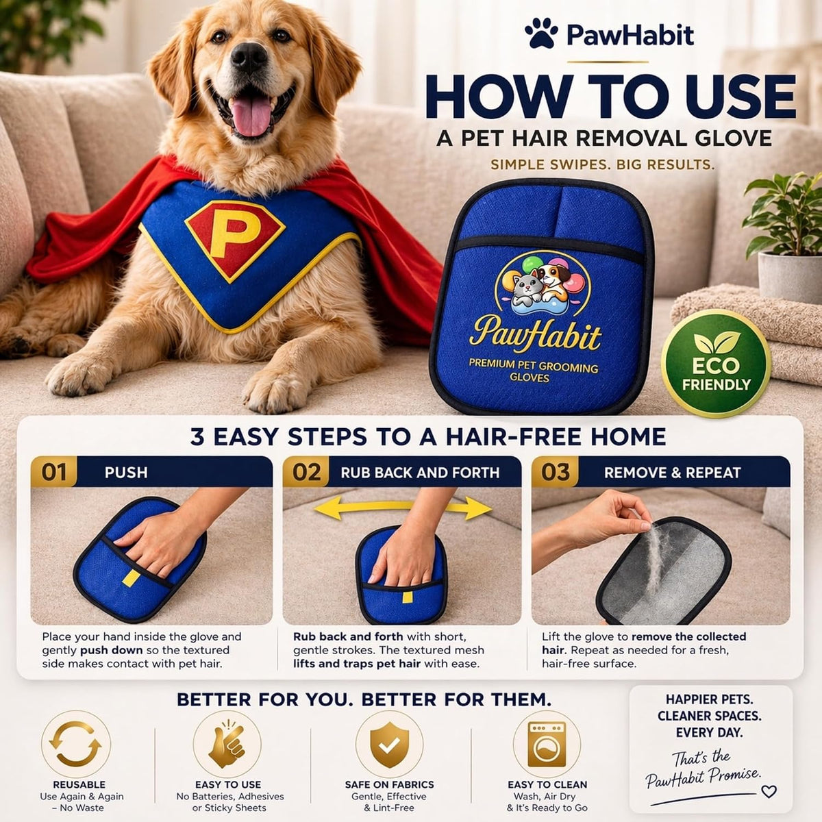 Pet Hair Removal Glove for dogs & Cats-Eletrotastic Reusable Washable Fur Remover for Clothes,Laundry,Couch,Furniture, Car Seat, Heavy Shedding Pet Hair Remover