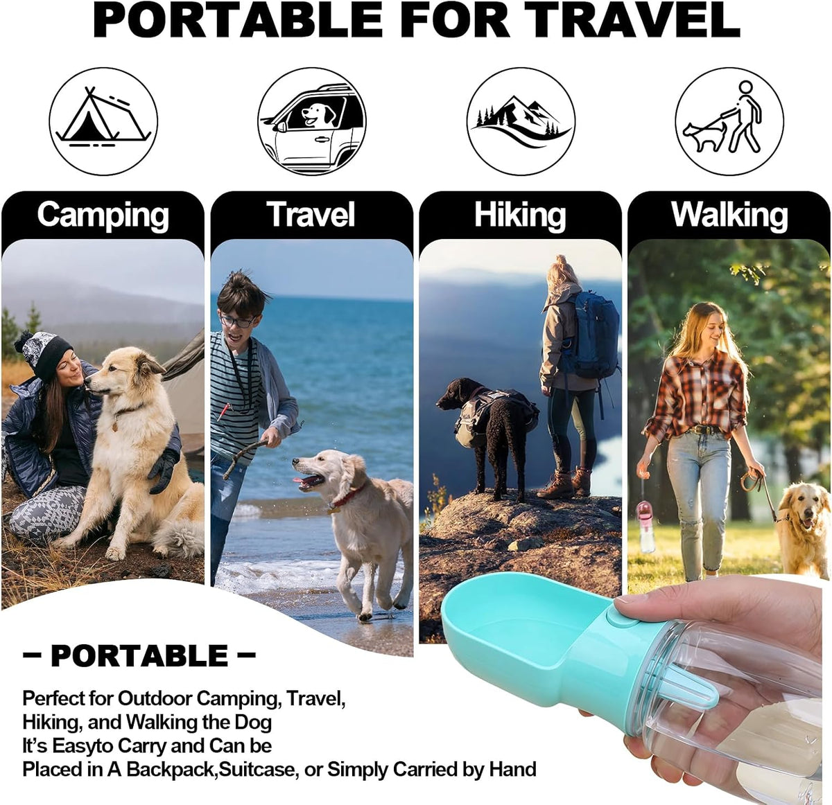 Blue Large Portable Dog Water Bottle(17oz) with Food Container