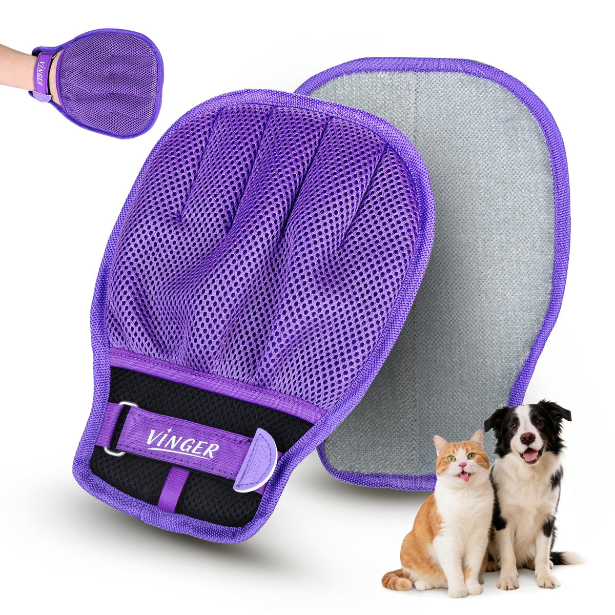 VINGER Pet Hair Removal Glove for Cats & Dogs, Electrostatic Pet Hair Gloves with Adjustable Wristband, Five-Finger Magic Brush Remover Tool for Laundry, Carpet, Couch, Car Seats & Clothing (Grey)