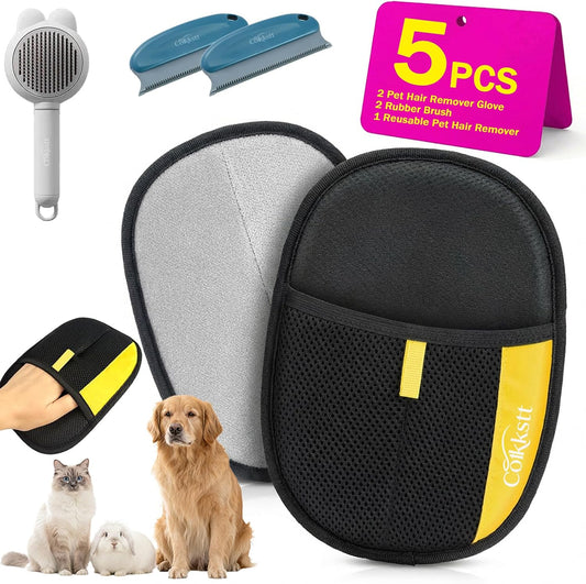 5Pcs Pet Hair Remover Glove Kit for Dogs & Cats - 2 Pack Grooming Gloves & Rubber Brush & Comb - Reusable Pet Hair Remover for Laundry for Furniture Carpet Car Interior Couch Bedding Auto Detailing