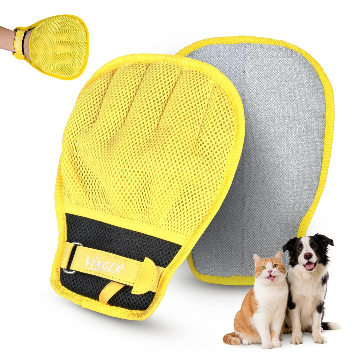 VINGER Pet Hair Removal Glove for Cats & Dogs, Electrostatic Pet Hair Gloves with Adjustable Wristband, Five-Finger Magic Brush Remover Tool for Laundry, Carpet, Couch, Car Seats & Clothing (Grey)