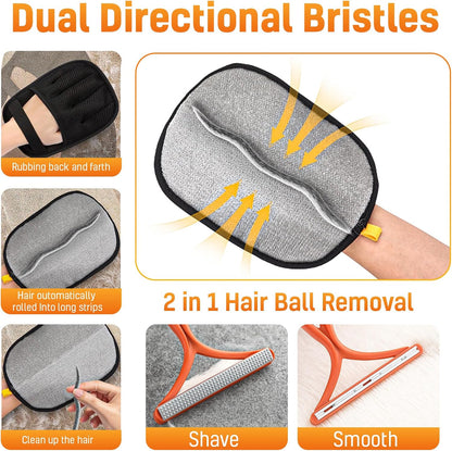 3pcs Large Pet Hair Removal Gloves for Cats | Electrostatic Magic Brush for Clothes, Beds, Sofa, Carpets | Fur Hero | Thickened Newly Upgraded | Fur Remover Mitt for Dogs, 2 Gloves + 1 Lint Scraper