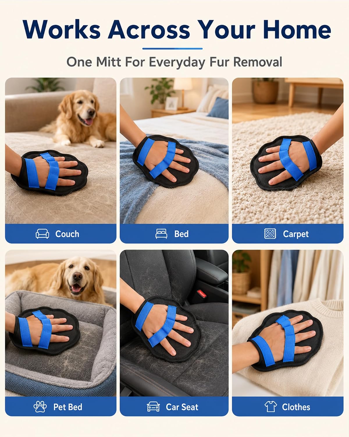 Pet Hair Removal Glove, Electrostatic Fur Remover for Couch, Bed & Car