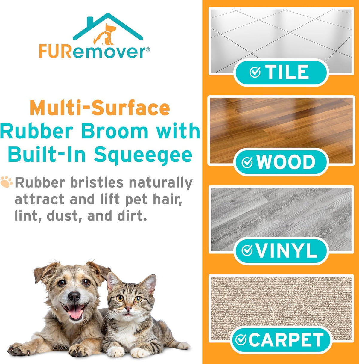FURemover Pet Hair Removal Rubber Broom, 61" Telescopic Handle