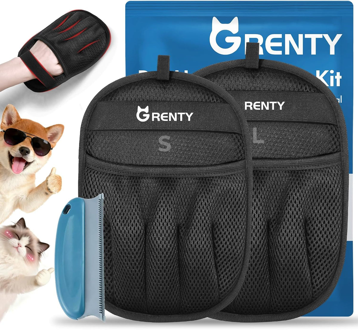 GRENTY 2 PCS Pet Hair Removal Glove for Dogs & Cats