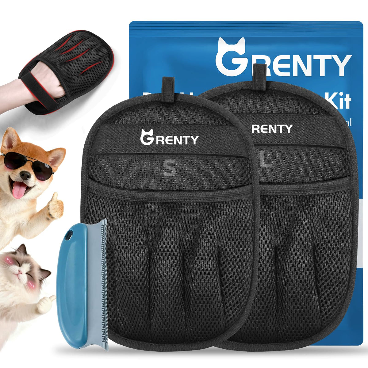 GRENTY 2 PCS Pet Hair Removal Glove for Dogs & Cats