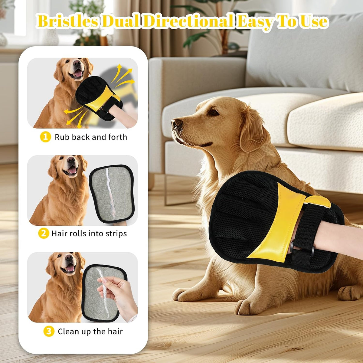 Pet Hair Remover Gloves Yellow Gold Static Hair Remover Reusable for Clothing, Sofa, Car Seat