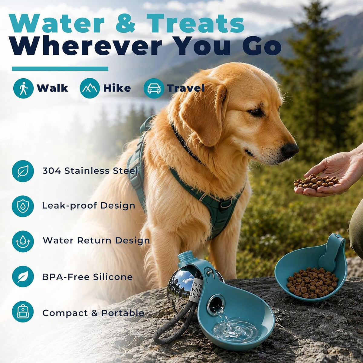2 in 1 Portable Dog Water Bottle with Silicone Bowl, 10oz Stainless Steel