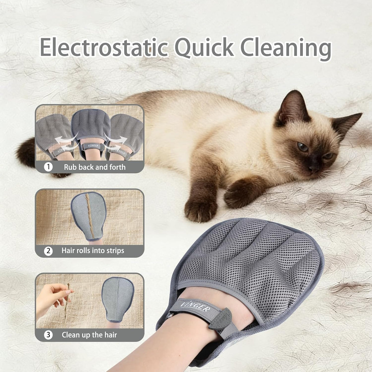 VINGER Pet Hair Removal Glove for Cats & Dogs, Electrostatic Pet Hair Gloves with Adjustable Wristband, Five-Finger Magic Brush Remover Tool for Laundry, Carpet, Couch, Car Seats & Clothing (Grey)