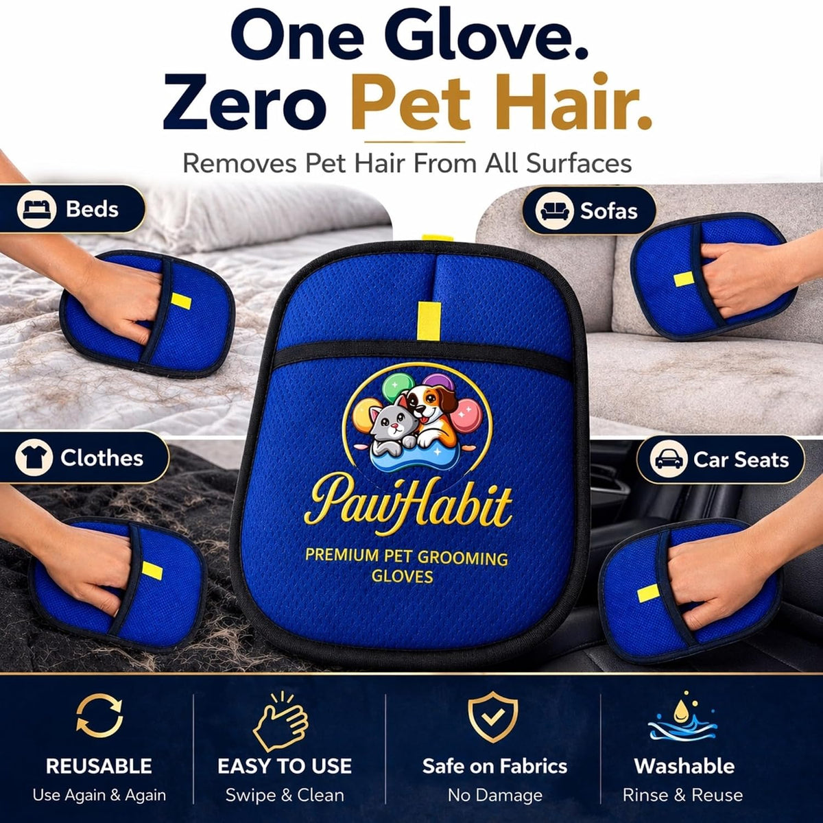 Pet Hair Removal Glove for dogs & Cats-Eletrotastic Reusable Washable Fur Remover for Clothes,Laundry,Couch,Furniture, Car Seat, Heavy Shedding Pet Hair Remover