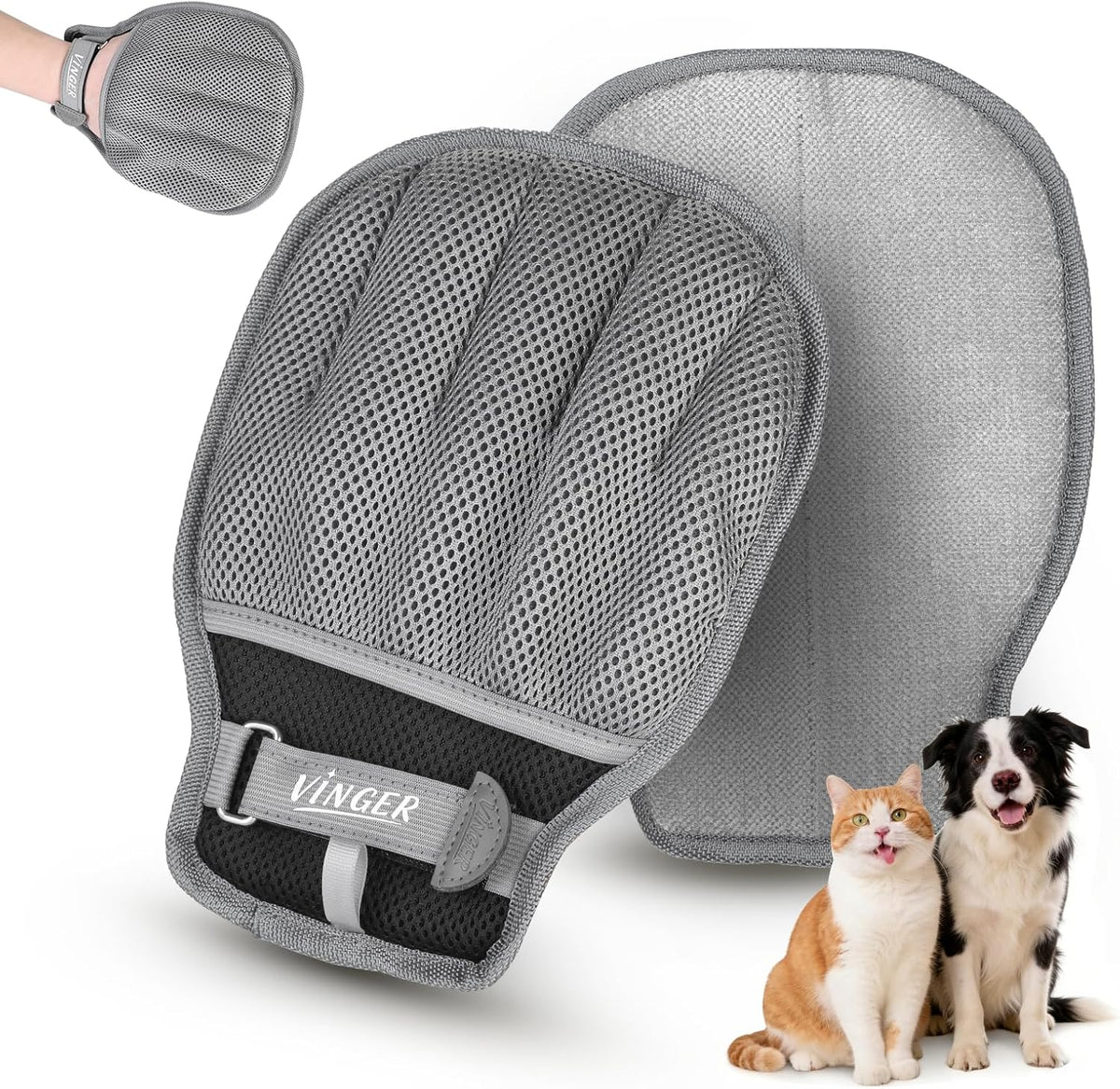 VINGER Pet Hair Removal Glove for Cats & Dogs, Electrostatic Pet Hair Gloves with Adjustable Wristband, Five-Finger Magic Brush Remover Tool for Laundry, Carpet, Couch, Car Seats & Clothing (Grey)