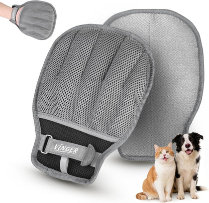 VINGER Pet Hair Removal Glove for Cats & Dogs, Electrostatic Pet Hair Gloves with Adjustable Wristband, Five-Finger Magic Brush Remover Tool for Laundry, Carpet, Couch, Car Seats & Clothing (Grey)