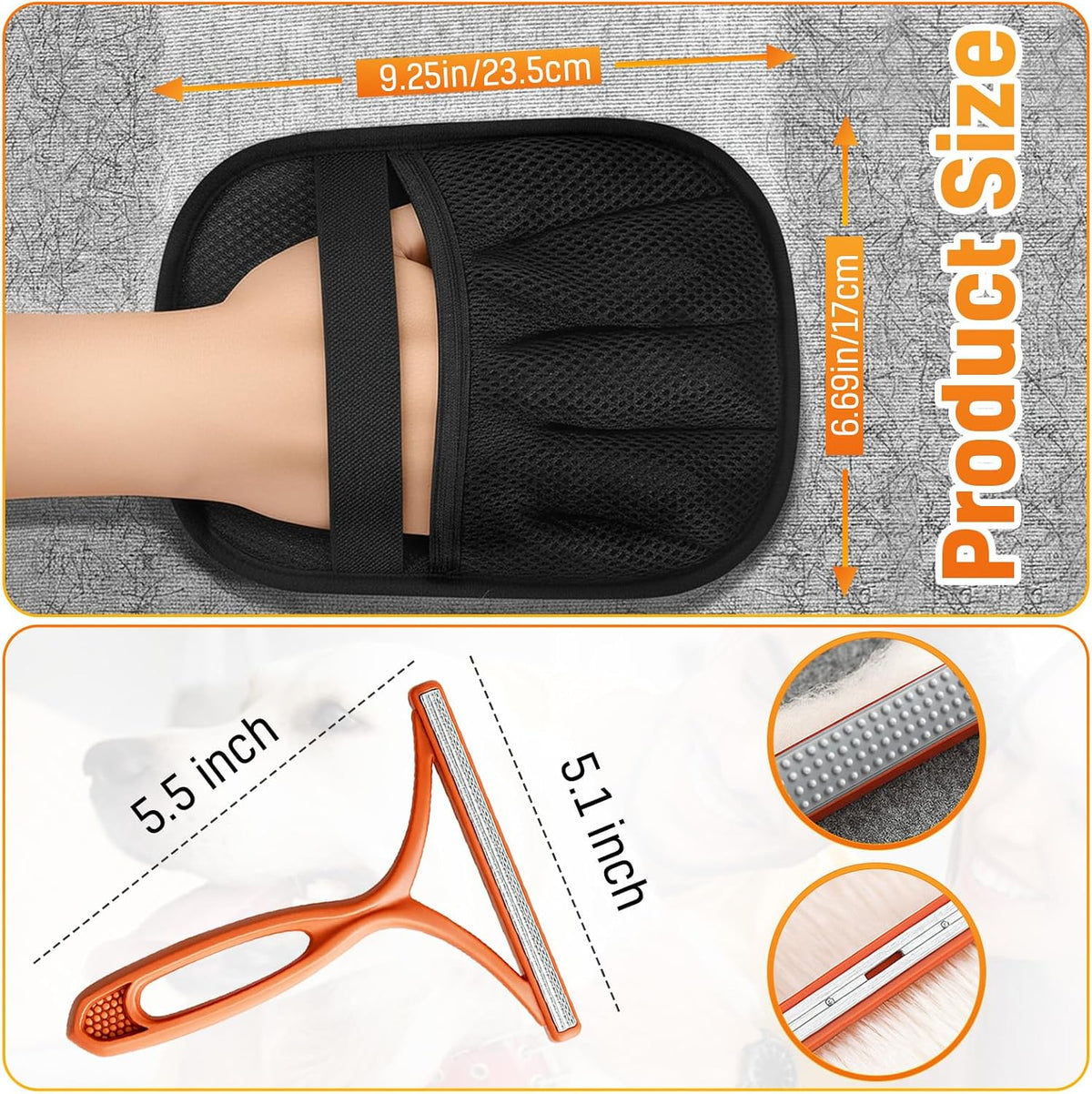 3pcs Large Pet Hair Removal Gloves for Cats | Electrostatic Magic Brush for Clothes, Beds, Sofa, Carpets | Fur Hero | Thickened Newly Upgraded | Fur Remover Mitt for Dogs, 2 Gloves + 1 Lint Scraper